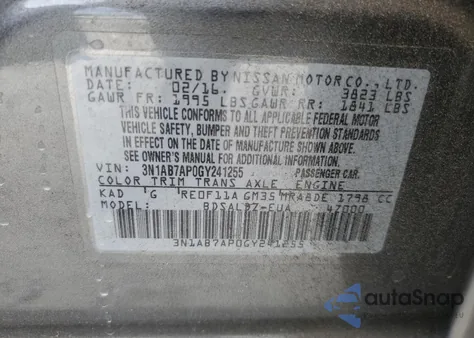 2016 Nissan Sentra S z USA, uszkodzony, nr VIN 3N1AB7AP0GY241255